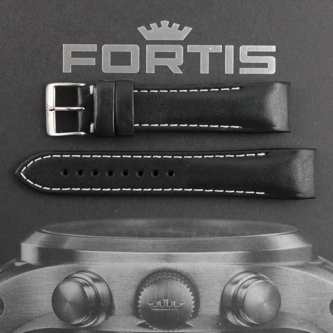 Fortis B-42/ F-43 Integriertes schwarzes Lederband mit weisser Kontrastnaht